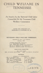 Child welfare in Tennessee: an inquiry by the National Child Labor Committee for the Tennessee Child Welfare Commission
