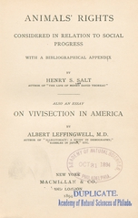 Animals' rights considered in relation to social progress: with a bibliographical appendix