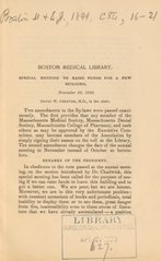 Boston Medical Library: special meeting to raise funds for a new building, November 29, 1898 : David W. Cheever, M.D., in the chair