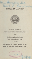 Supplementary list: nurses holding New Hampshire registration but not holding permits for the year ending June 1, 1941 and therefore not eligible to practice nursing in the State ending June 1, 1941