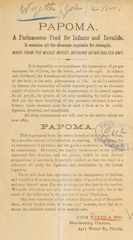 Papoma: a farinaceous food for infants and invalids : it contains all the elements requisite for strength : made from the whole wheat, nothing being bolted out