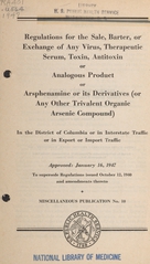 Regulations for the sale, barter, or exchange of any virus, therapeutic serum, toxin, antitoxin or analogous product or arsphenamine or its derivatives (or any other trivalent organic arsenic compound) in the District of Columbia or in interstate traffic or in export or import traffic
