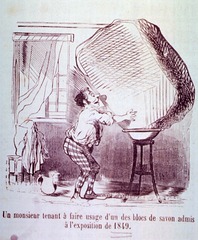 Un monsieur tenant à faire usage d'un des blocs de savon admis à l'exposition de 1849