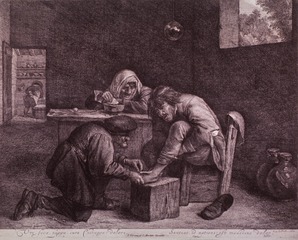 [Interior scene of a barber treating a man's foot]: [Surgery]