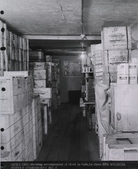 USN Medical Supply Storehouse NO. 3, Kodiak, Alaska: Aisle One- showing arrangement of stock in bulk by class
