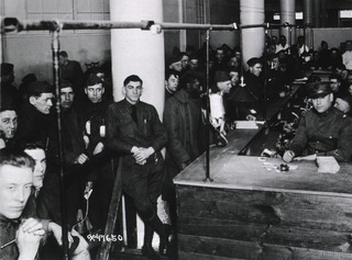 U. S. Army Debarkation Hospital No. 3, Greenhut Building, New York City: Soldiers, in line, wait at a counter