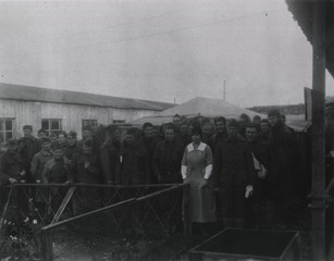 U.S. Army Evacuation Hospital Nos. 6 & 7, Souilly, France: American Red Cross canteen, soldiers line up for chocolate
