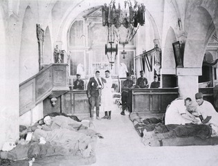 U.S. Army Field Hospital No.1, Bezy, France: Interior of old church used as ward for wounded soldiers