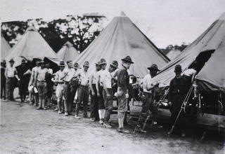 U.S. Army Base Hospital, Camp Beauregard, Louisiana: Soldiers lined up for final examination