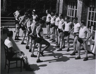 U.S. Army. Thomas M. England General Hospital, Atlantic City, N.J: Amputees exercising on the sundeck
