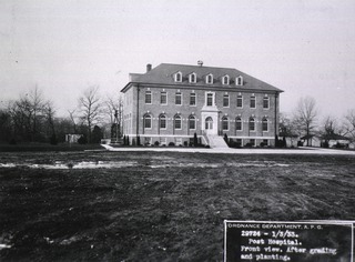 U.S. Army Station Hospital, Aberdeen Proving Grounds, Maryland: Front view after grading and planting