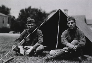 U.S. Medical Field Service School, Carlisle Barracks, Pennsylvania: R.O.T.C., Milstead and Murphy (Georgetown) sitting in front of pup tent