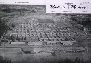 U.S. Army, Madigan Army Hospital, Tacoma, WA: Aerial view on cover of pamphlet - "Madigan Messenger."