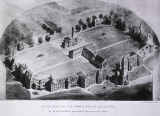 Third Hospital for Insane, Fergus Falls, Minn: Architect's drawing from aerial perspective