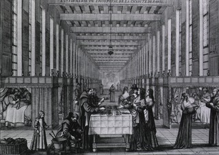 Hopital de la charite, Paris, France: Interior view showing scene in which Anne of Austria and the Dauphin visiting the wards