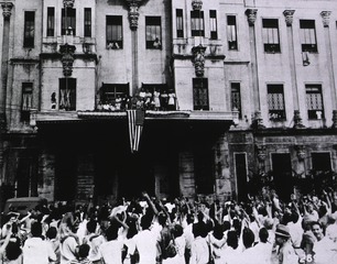 Santo Tomas Prison Hospital, Manila, P.I: American flag raised at the prison for first time in three years