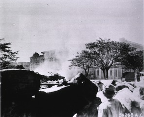 Santo Tomas Prison Hospital, Manila, P.I: Prison Compound still undergoing intense Japanese artillery fire