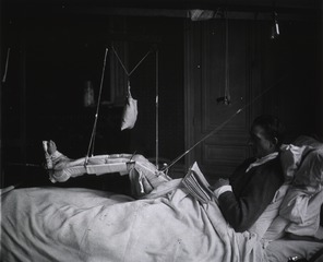 U.S. American National Red Cross Hospital No.2, Paris, France: View of fracture patient and bed with Balkan Frame
