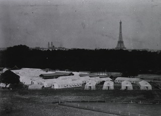 U.S. American National Red Cross Hospital No. 5, Auteuil, France: General view of the hospital with a view of the Eiffel Tower in the distance