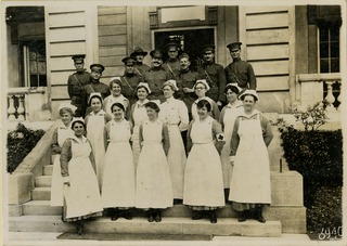 U.S. American National Red Cross Hospital No. 6, Paris, France: Staff members on steps of hospital, former home of Isadora Duncan