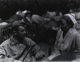 U.S. American National Red Cross Hospital No.3, Paris, France: Courtyard view with patient and nurse