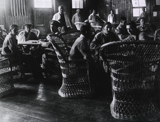 U.S. American National Red Cross Hospital No. 21, Paighnton, England: Patients playing cards and billiards in the recreation room