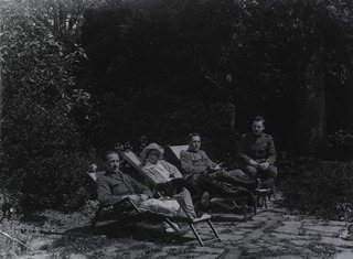 U.S. American National Red Cross Convalescent Hospital No. 101, Lingfield, England: Convalescent officers sunning in the garden
