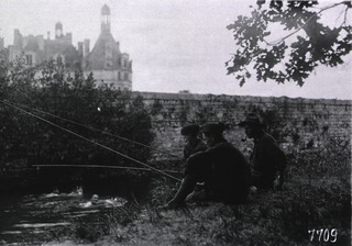 U.S. American National Red Cross Hospital, Blois, France: Patients recovering from neurosis or "shell shock" relax by fishing and swimming in the quiet of the forest