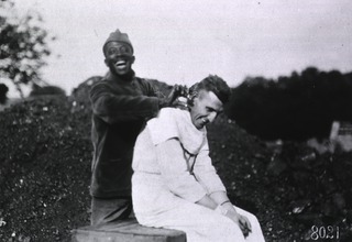 U.S. American National Red Cross Hospital No.5, Paris, France: The company barber at the Tent Hospital at Auteuil Race Track