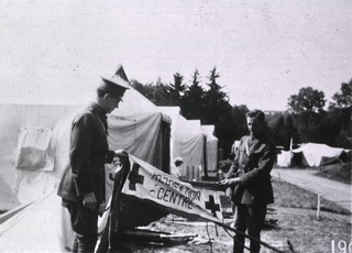 U.S. American National Red Cross Hospital, Jouy-le Chatel, France: Recreation tent demolished by German bombers despite cross markings
