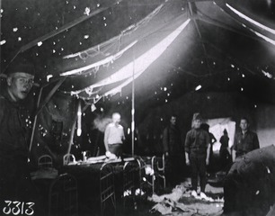 U.S. American National Red Cross Hospital, Jouy-le Chatel, France: Interior of tent showing damage caused by German bombs