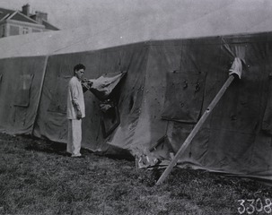 U.S. American National Red Cross Hospital, Jouy-le Chatel, France: Exterior of tent showing damage caused by German bombs