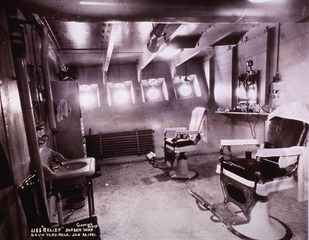 USS Relief (Hospital Ship): Interior view- Barber Shop