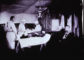 Military: Field Medical Services: Interior view of operating room in regimental aid station