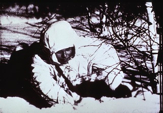 Military: Field Medical Services: View showing Soviet soldier in winter camouflage suit