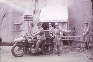 Ambulances: French motorcycle ambulance with driver and attendants