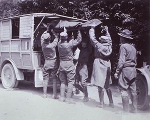 Ambulances: Wounded soldiers unloaded at 15th Field Hospital near Montreuil, France