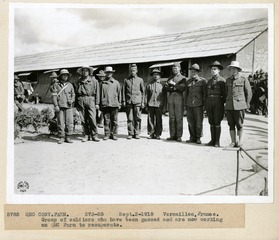 Hospitals - Military: Group of soldiers who have been gassed and are now working on QMC Farm to recuperate, Versaille, France