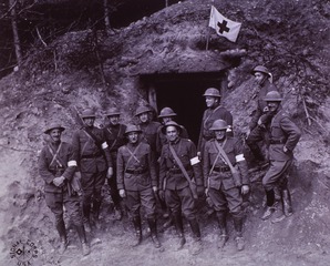U.S. Army Sanitary Train No. 177, Bertriccamp, France: Some of the officers outside of a dugout
