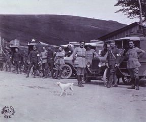 U.S. Army Sanitary Train No. 110: Staff and assistants in front of their ambulances, Treh, France