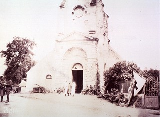 U.S. American National Red Cross: Exterior view of old church where American and German wounded are taken care of prior to leaving for hospital