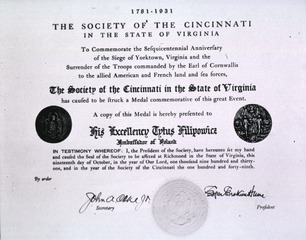 [Edgar E. Hume]: [Society of Cincinnati Medal award]