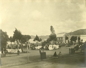 [View across plaza from church steps, Guayama, Puerto Rico]