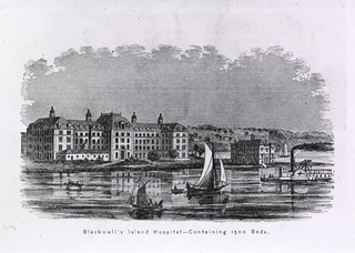 [Exterior view of Blackwell's Island Hospital]