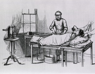 [Doctor performing ovariotomy; anesthetic and steam spray being used]