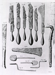 [Scalpels, hook, spatulas, and other instruments]
