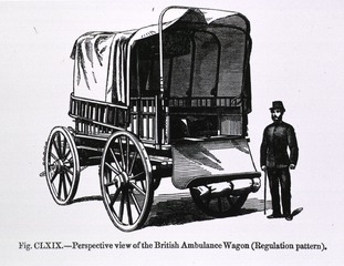 [Transportation of the sick and wounded: Perspective view- British Regulation Ambulance Wagon]