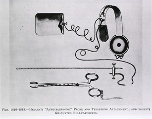 [Medical instruments and apparatus: Hedley's autotelephone probe and attachment and Sheen's graduated bullet-forceps]
