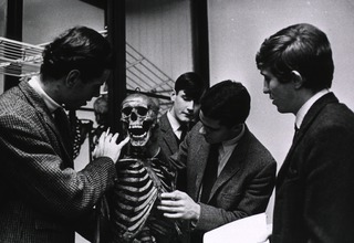 Edinburgh medical students examine the skeleton of a notorious nineteenth century murderer and body-snatcher, William Burke