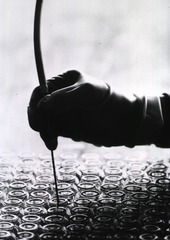 Filling the vaccine bottles before freeze-drying, one of the final steps in smallpox vaccine production. The freeze-drying process ensures stability of the vaccine at any temperature